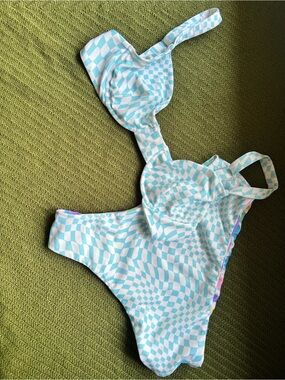 moana bikini Light Blue and White Checkerboard One-Piece Swimsuit